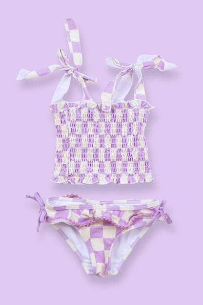 SMOCKED TANKINI SWIM SUIT - PERIWINKLE CHECKERS