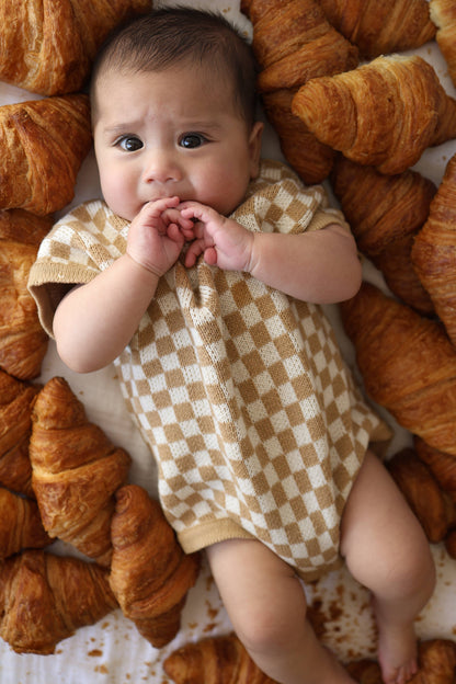Knit Romper | Latte Check
