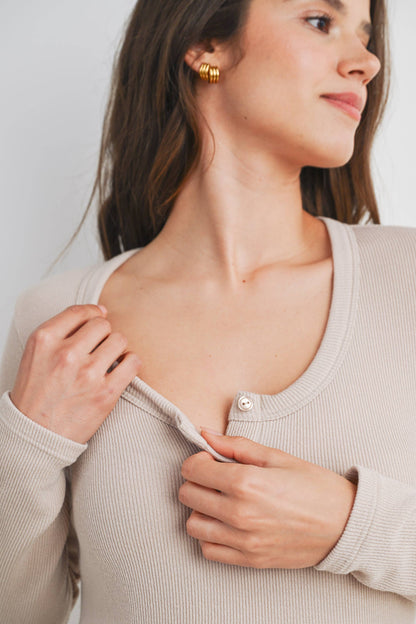 Maternity Henley LS Top - Taupe