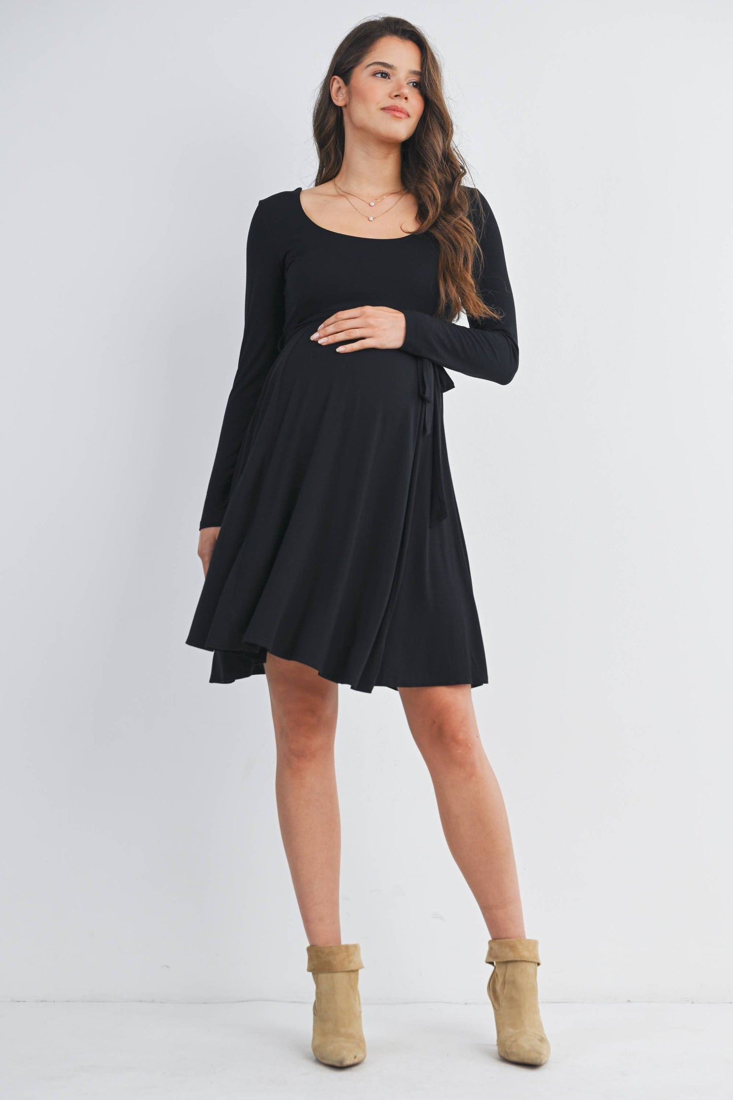 Black Waist Tie Maternity Dress