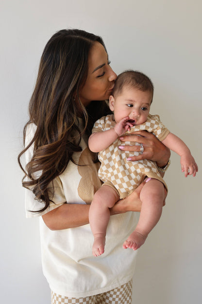 Knit Romper | Latte Check