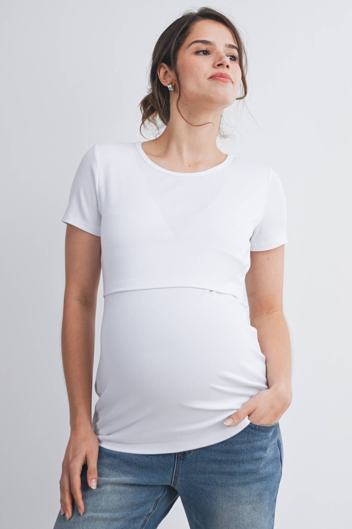 Nursing SS T-Shirt with Front Panel - White