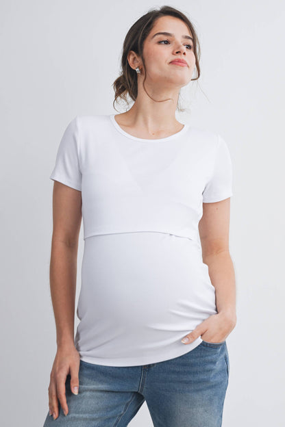 Nursing SS T-Shirt with Front Panel - White