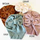 Woven Cable Knit Bow Baby Turban- Rose