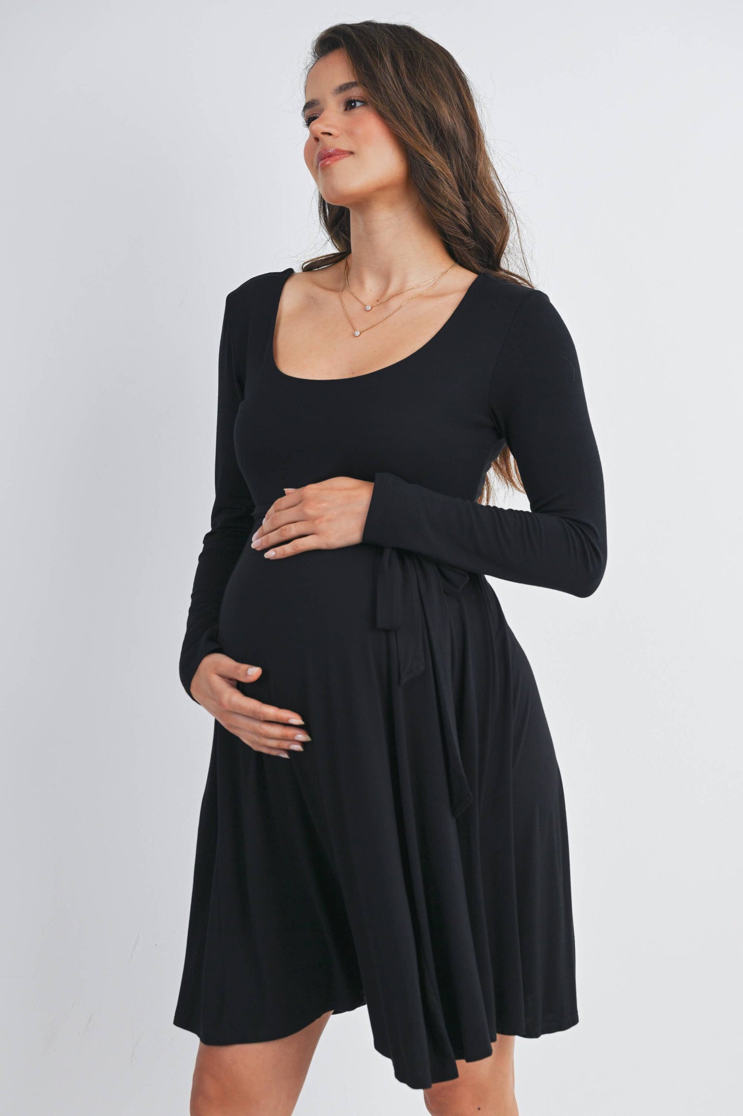 Black Waist Tie Maternity Dress