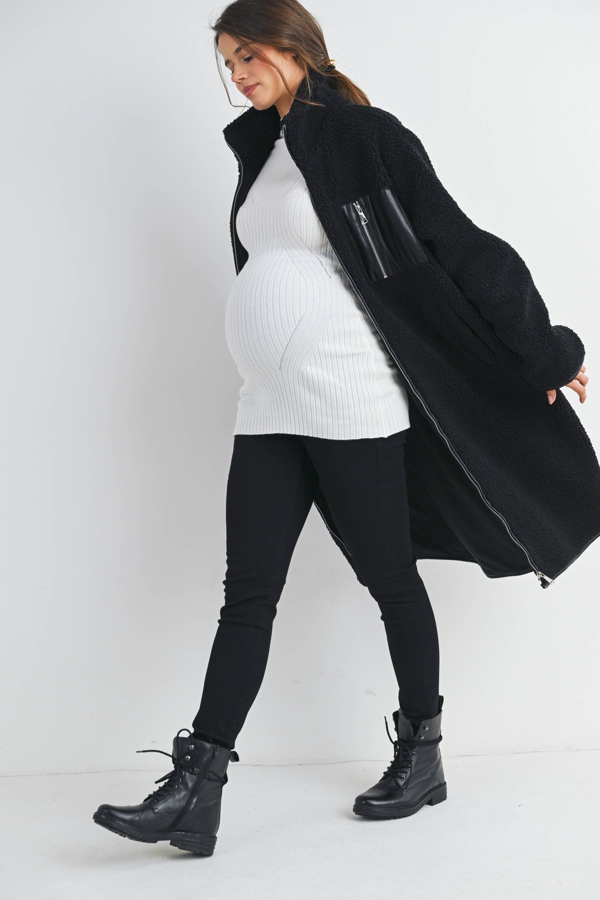 Maternity Fleece Long Coat - Black