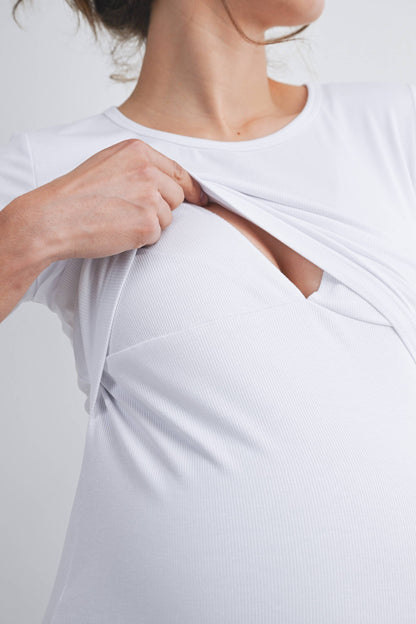 Nursing SS T-Shirt with Front Panel - White