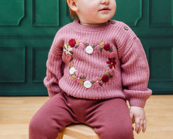 French Rose Heart Embroidered Slouchy Sweater