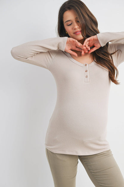 Maternity Henley LS Top - Taupe