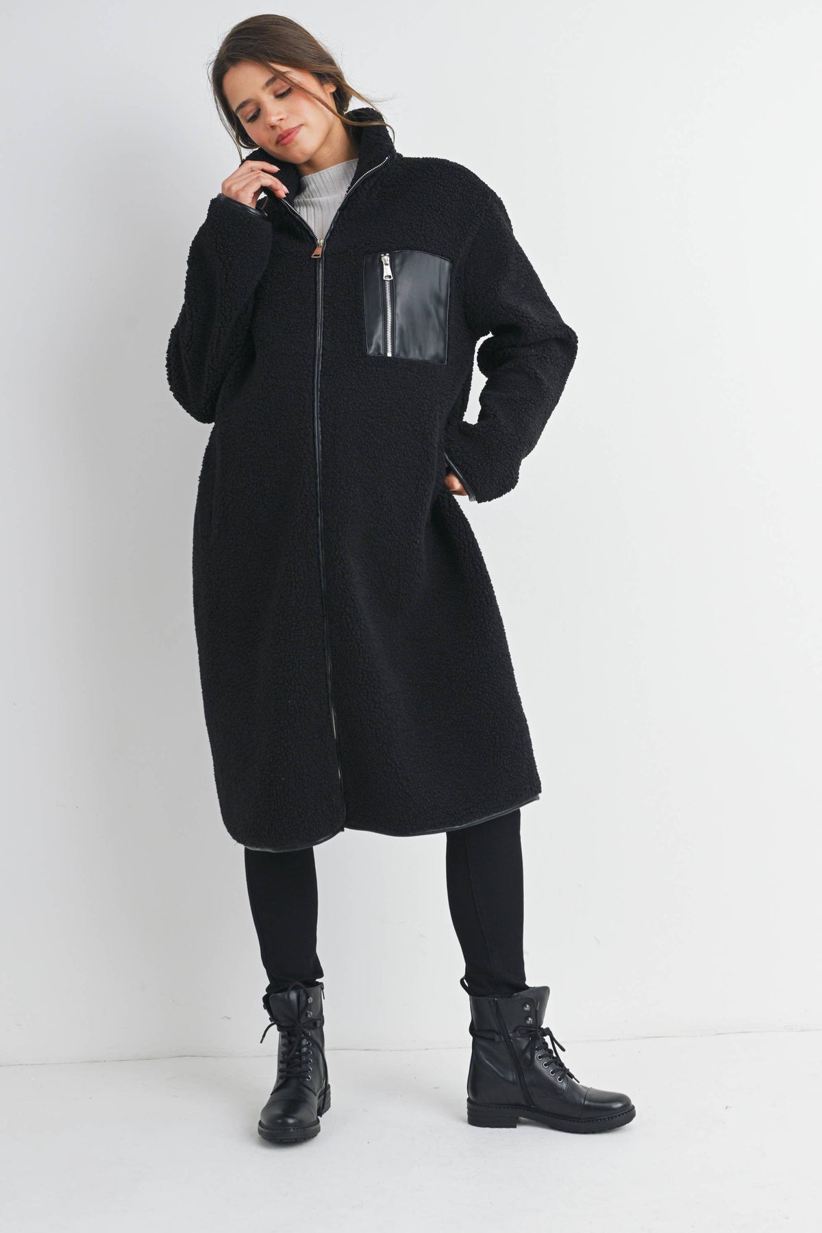 Maternity Fleece Long Coat - Black
