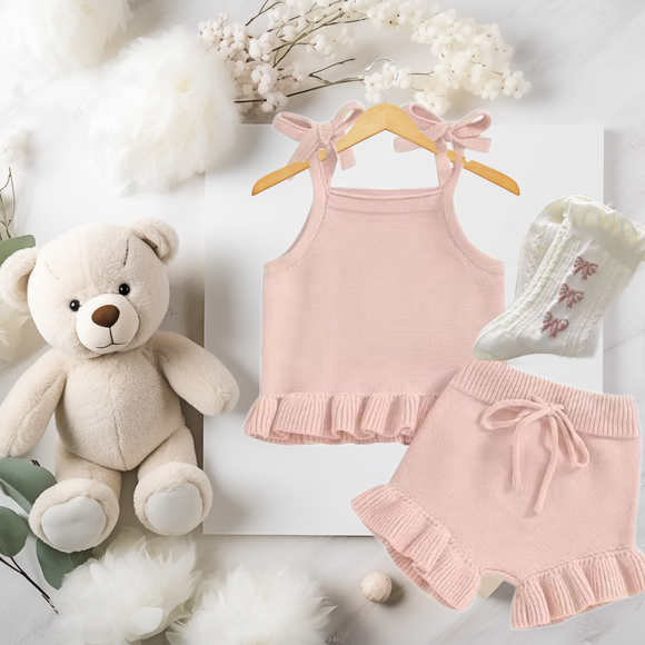 Dusty Rose Knit 2 Pc Ruffle Short Set