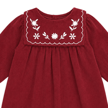 Embroidered Corduroy Dress - Red