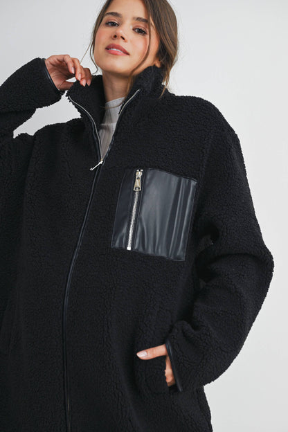 Maternity Fleece Long Coat - Black
