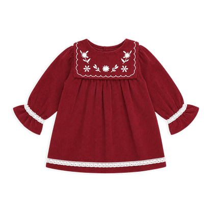 Embroidered Corduroy Dress - Red
