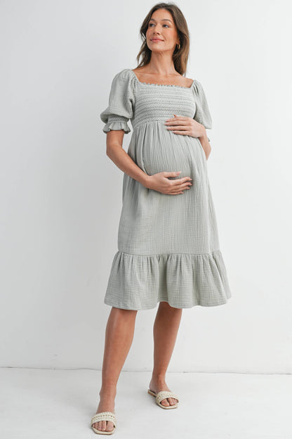Smocked Puff Sleeve Dress Maternity