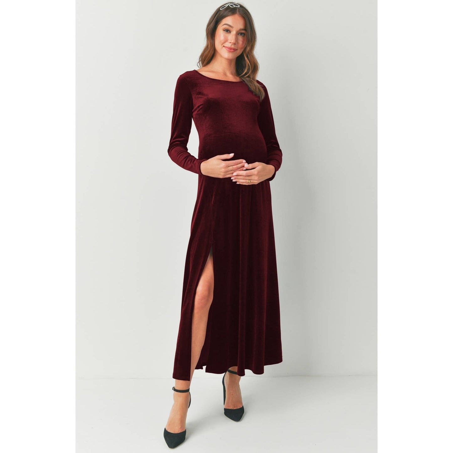 Burgundy Velvet Midi Dress Maternity