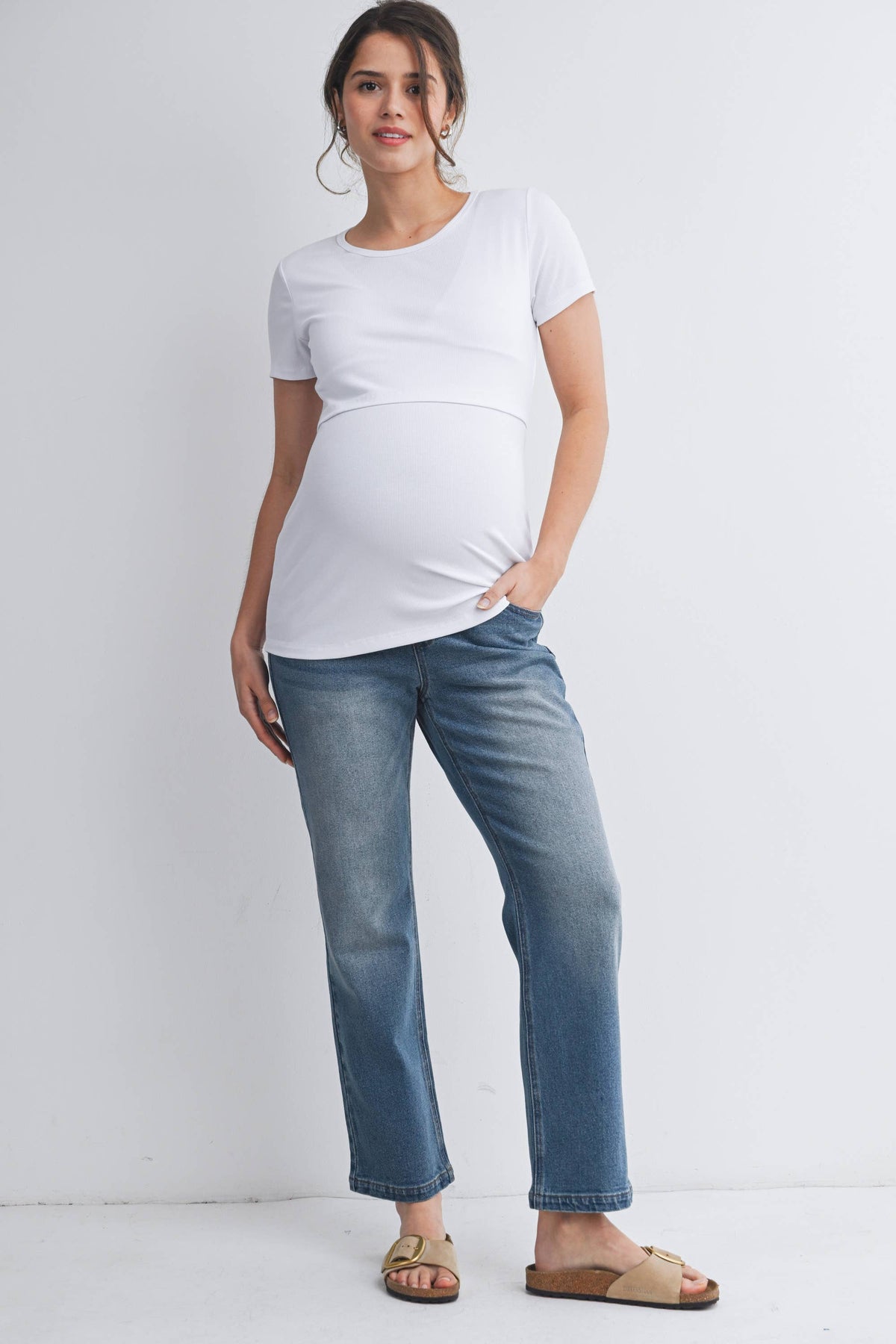 Nursing SS T-Shirt with Front Panel - White