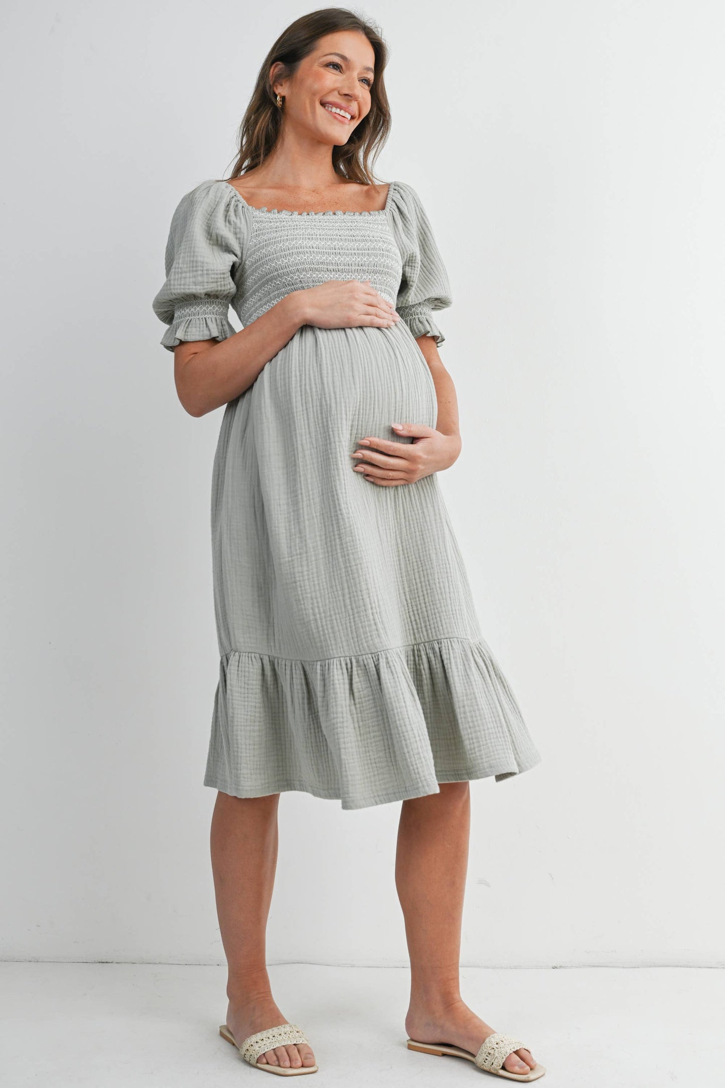 Smocked Puff Sleeve Dress Maternity