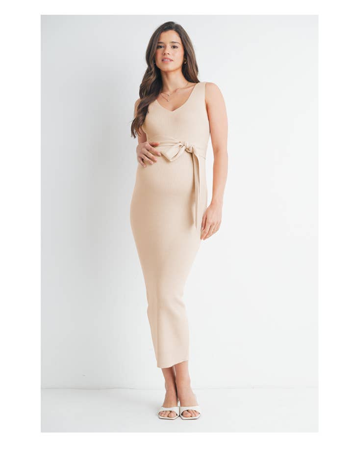 Maternity Rib Knit Midi Tie Dress - Taupe