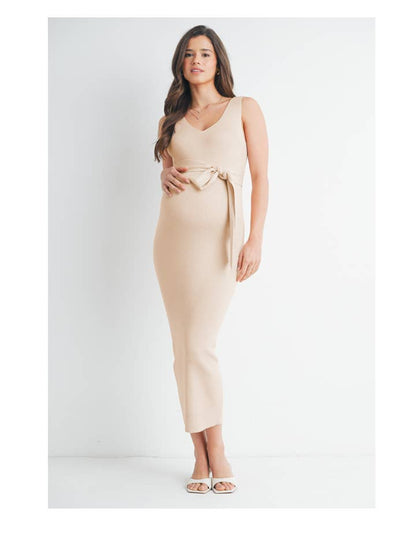 Maternity Rib Knit Midi Tie Dress - Taupe