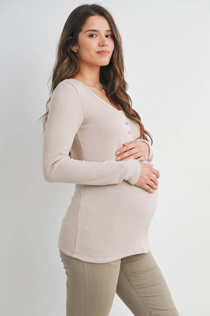 Maternity Henley LS Top - Taupe