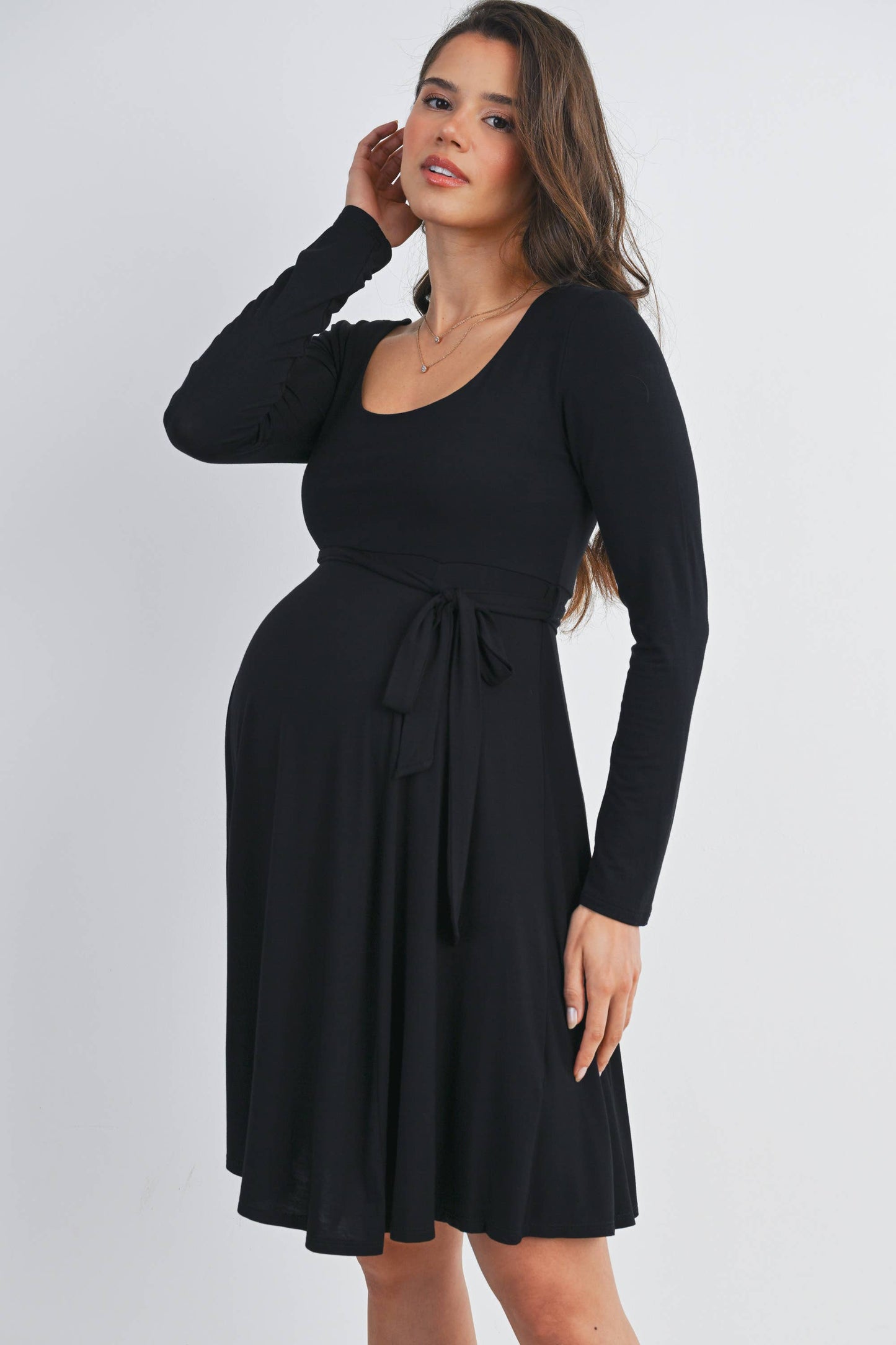 Black Waist Tie Maternity Dress