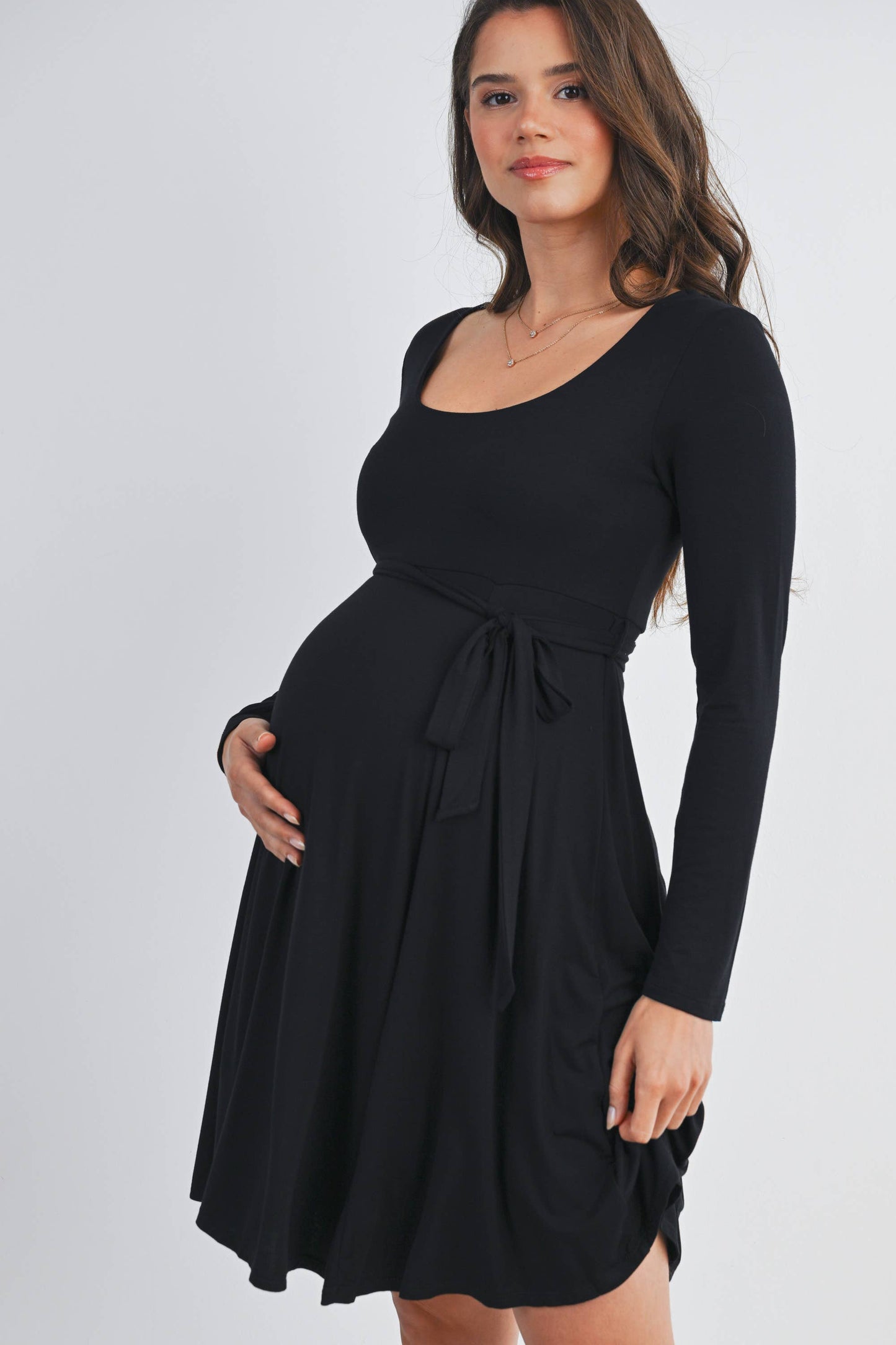Black Waist Tie Maternity Dress
