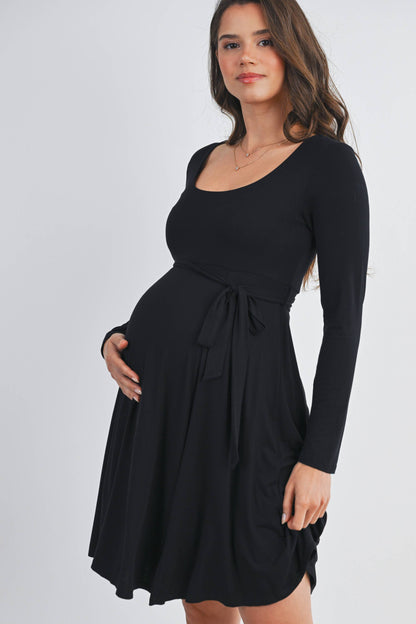 Black Waist Tie Maternity Dress