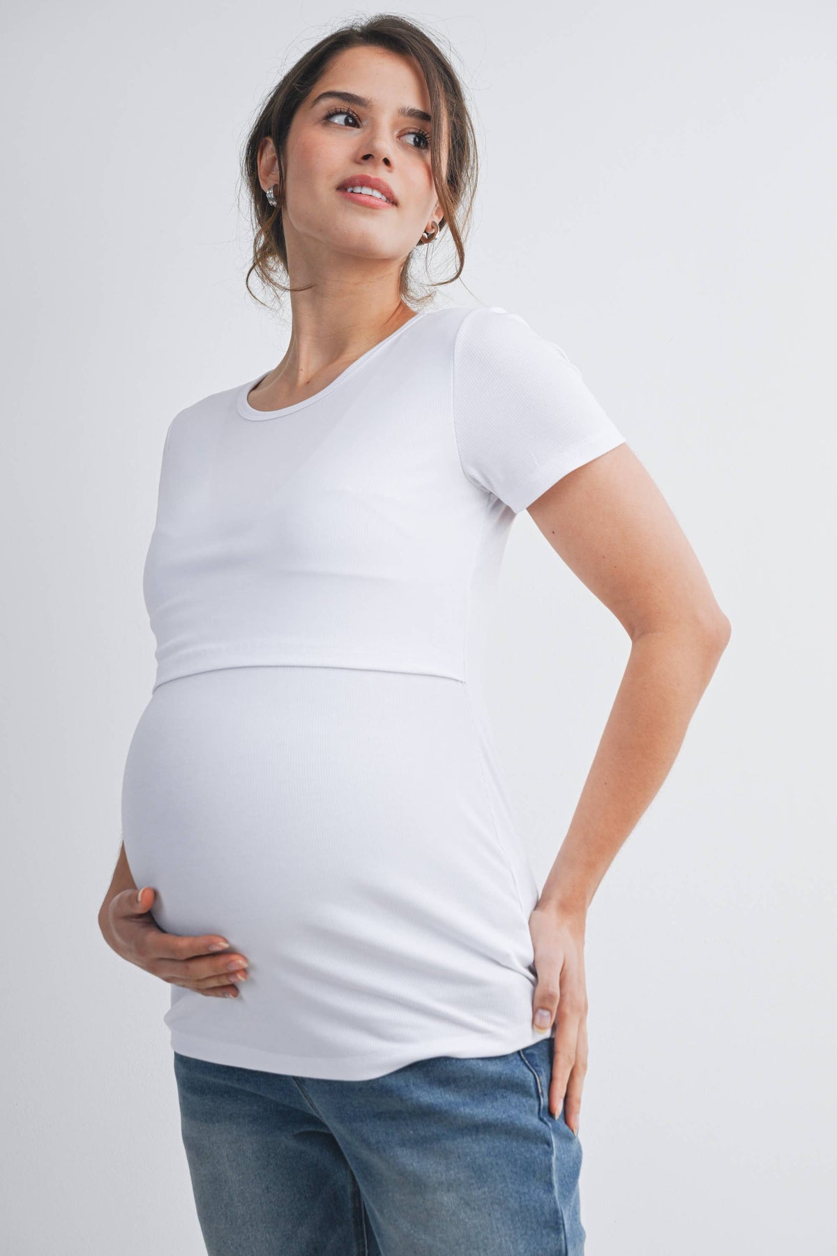 Nursing SS T-Shirt with Front Panel - White