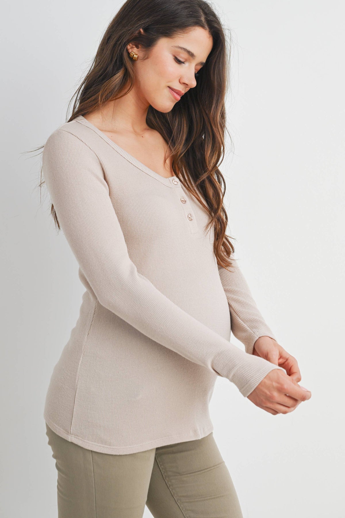 Maternity Henley LS Top - Taupe