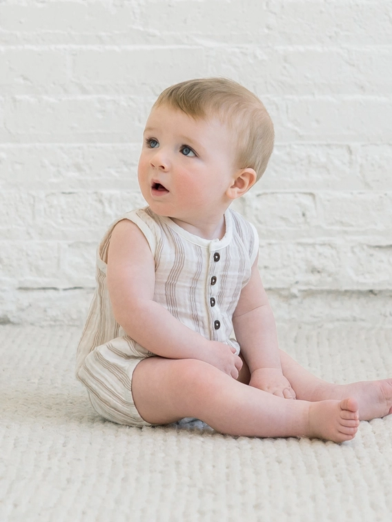 Bowie Muslin Romper - Enzo Stripe/Beige
