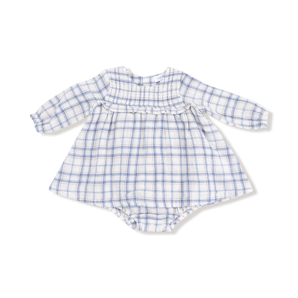 Blue Plaid - L/s Smocked Bubble W/ Skirt