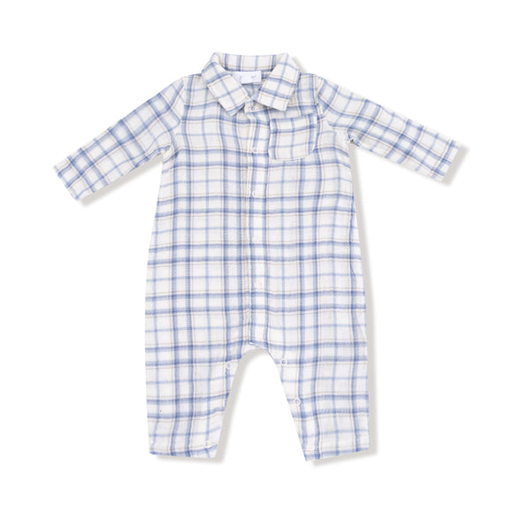 Blue Plaid - L/s Polo Romper
