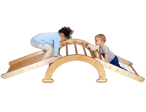 3in1 Montessori Climbing Frame Set: Wooden Arch + Slide Board + Climbing Net - Chocolate