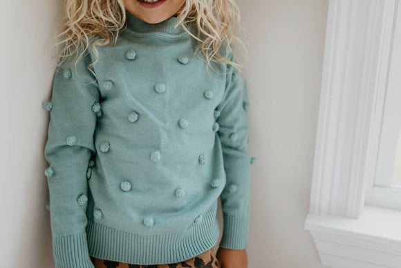 Adorable Sweetness - Kids Teal Pom Pom Winter Sweater: 3/4