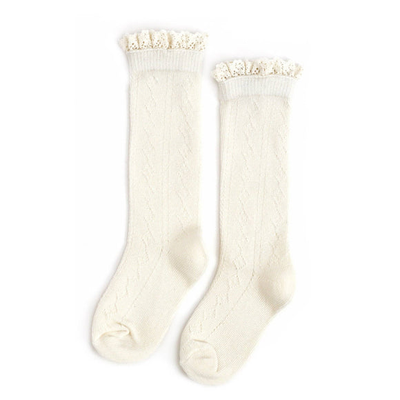 Little Stocking Co. - Ivory Fancy Lace Top Knee High Socks