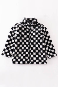 Black and white check sherpa zipper jacket