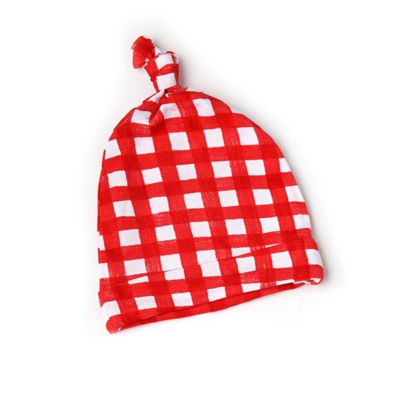 Gigi and Max - Frost Red Gingham Newborn knot hat