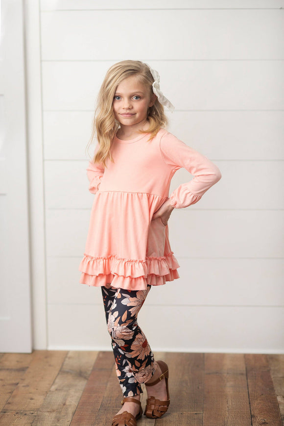 Adorable Sweetness - Kids Peach Ruffle Top & Black Floral Pant Set: 3/4