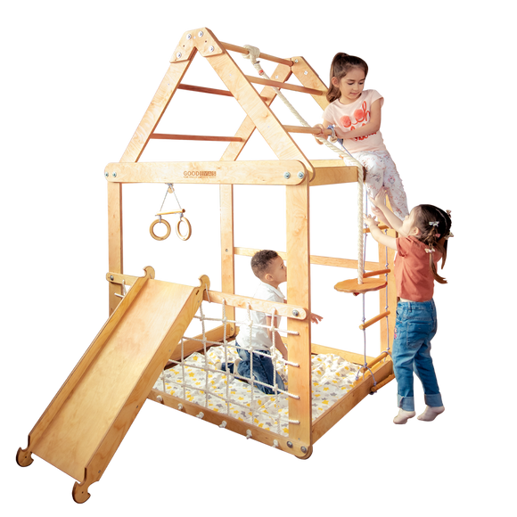 Indoor Wooden Playhouse with Swings and Slide Board
