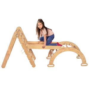 3in1 Montessori Climbing Set: Triangle Ladder + Wooden Arch + Slide Board – Beige